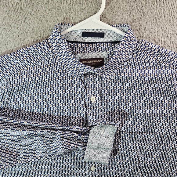 Johnston Murphy Dress Shirt Men Large‎ Flip Cuff Button Up Geometric Blue White - Picture 1 of 10